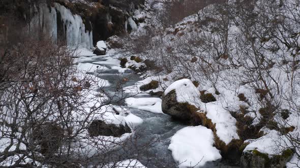 Snow Covered Valley With Rushing Water In Iceland During Winter 3