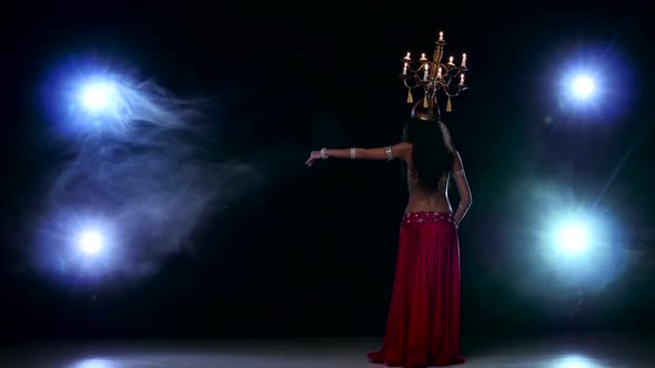 Attractive Belly Dancer Girl Go on Dancing with Candles, Her Head, Black, Smoke