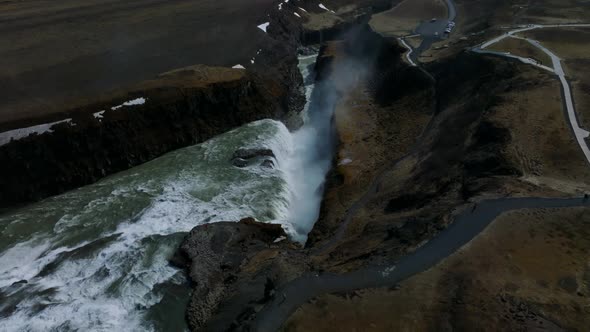 Panoramic Aerial View of Popular Tourist Destination  Gullfoss Waterfall