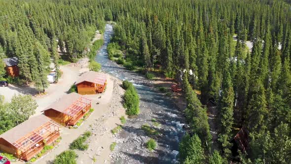 4K Drone Video of Cabins along Carlo Creek near Denali National Park and Preserve, AK during Summer