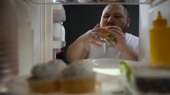 Overweight Young Man Opening Fridge at Night and Taking Big Burger, Calories