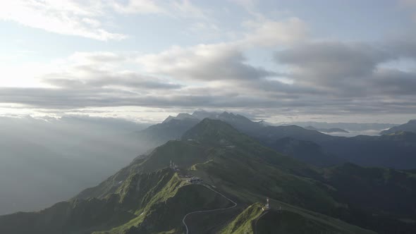 Aerial Epic View Picturesque Mountain Ridge Cloudy Sunny Morning Valley