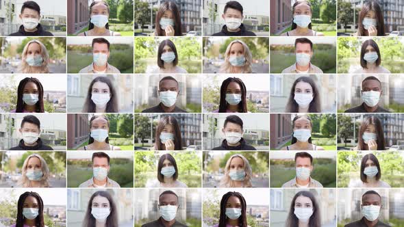 Compilation  Group of Multicultural People with Face Mask Looks at the Camera  Closeup