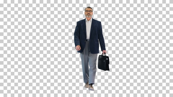 Senior business man walking with briefcase, Alpha Channel