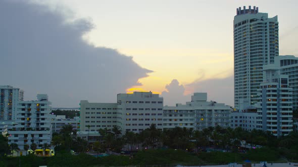 Aerial shot with buildings at dusk in Miami