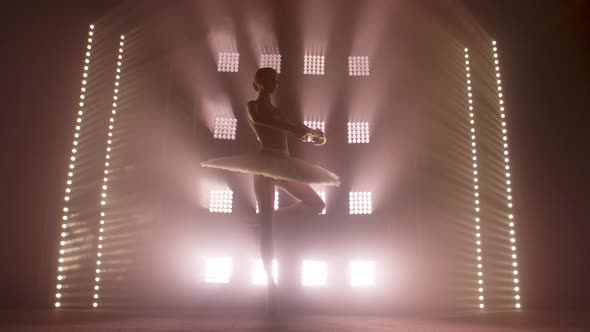 Diligent Young Graceful Ballerina Dancing Elements of Classical Ballet in the Dark with Light and