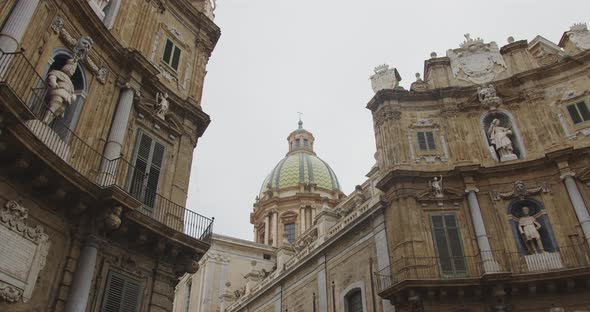 Palermo, Italy- 27 07 2021: statue buildings church dome center palermo sicily