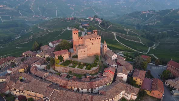 Serralunga d'Alba and Medieval Castle in Langhe, Piedmont Italy Aerial View