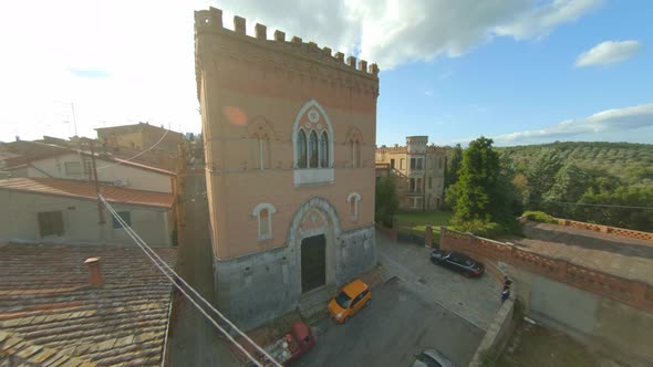 Aerial view of the castle of Farnetella, Tuscany. Wonderful village nestled in the hills of Tuscany