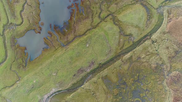 Aerial view of lake water connecting with wetland field, Netherlands.