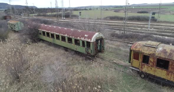 Aerial view of abandoned old railway wagons at station, Old train wagons