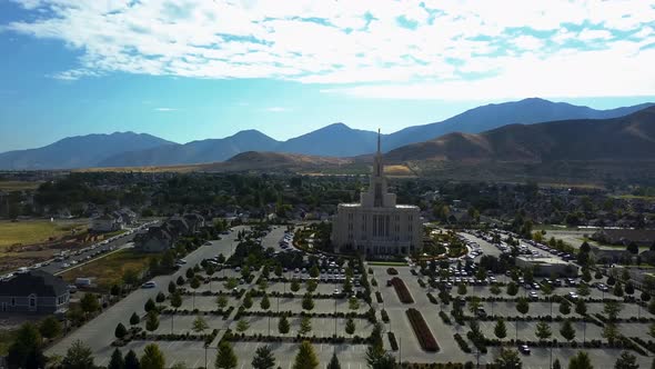 Aerial view of the Church of Jesus Christ of Latter Day Saints temple in Payson, UT on a beautiful c