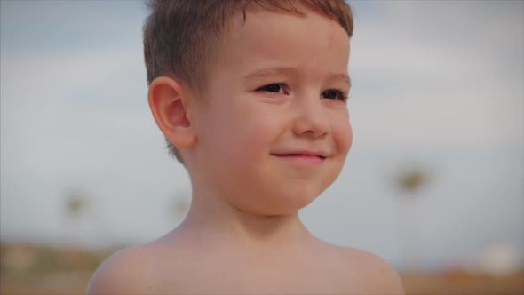 On a Sunny Summer Day, Funny Little Boy Smiling Looking at Camera on the Beach, Happy Face of a