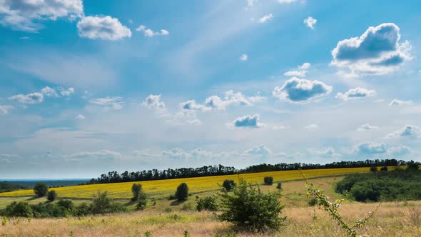 Landscape Fields and Moving Clouds in Blue Sky. Timelapse. Amazing Rural Valley. Ukraine