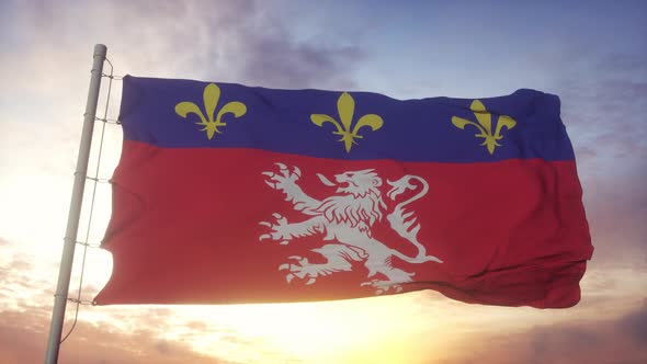 Flag of Lyon City of France Waving in the Wind Sky and Sun Background