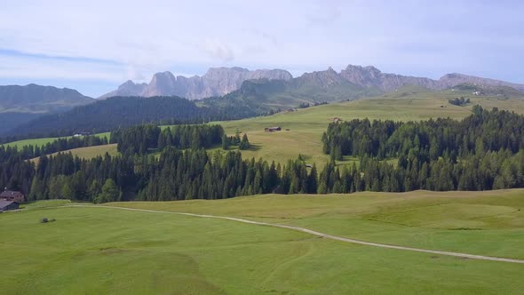 Aerial travel drone view of South Tyrol, Italy and the Dolomites mountains.