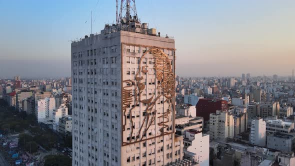 Aerial arc around historic Evita building in Monserrat, Buenos Aires
