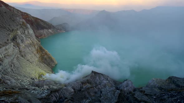 Panoramic View of Kawah Ijen at Sunrise, Panning Shot, Java, Indonesia