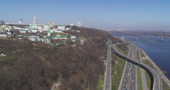 Aerial View of Cars at Traffic Instersection by the Dnipro River Embankment