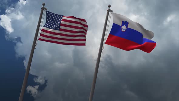Waving Flags Of The United States And The Slovenia 4K