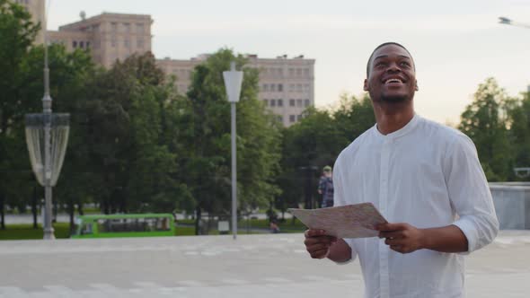 Alone Afro American Man African Mixed Race Guy Black Male Tourist Traveler Smiling Standing Outdoors