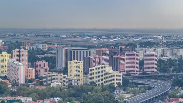 Aerial View of the Airport in Lisbon Portugal Timelapse