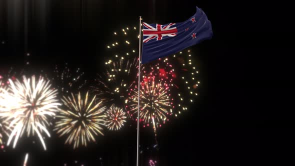 New Zealand Flag With Fireworks 