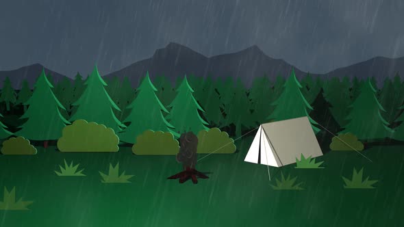 Camp in the wilderness. Campsite with the extinguished fire and white tent.