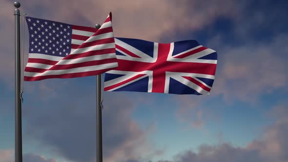 United Kingdom Flag Waving Along With The National Flag Of The USA - 2K