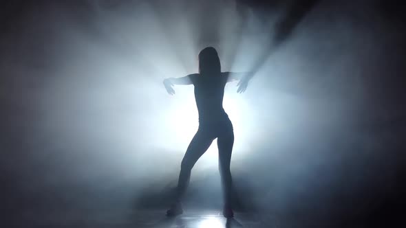 Leggy Girl Graceful Dance in Smoky. Silhouette in Slow Motion