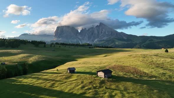 Sunrise on the Seiser Alm in the Dolomites mountains