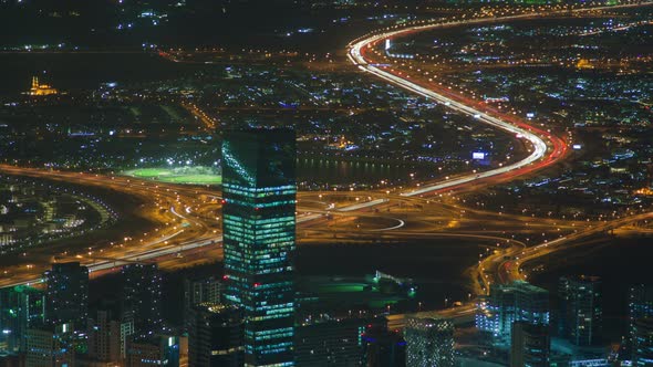 Dubai Cityscape Traffic Night . Pan Up