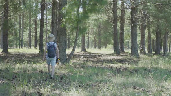 Boy exploring in woods with binoculars