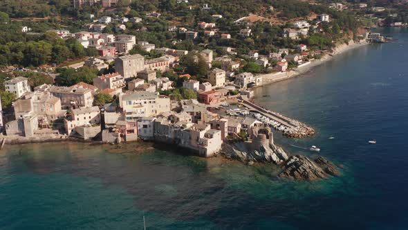 Aerial View of Characteristic Stone Village Port in Corsica