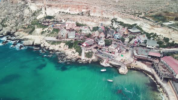 Aerial View of Popeye Village in Anchor Bay From Drone in Mellieha Malta