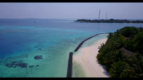 Aerial above travel of paradise shore beach time by clear ocean with white sand background of a dayt
