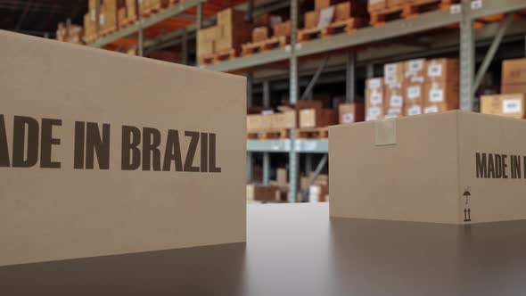 Boxes with MADE IN BRAZIL Text on Conveyor