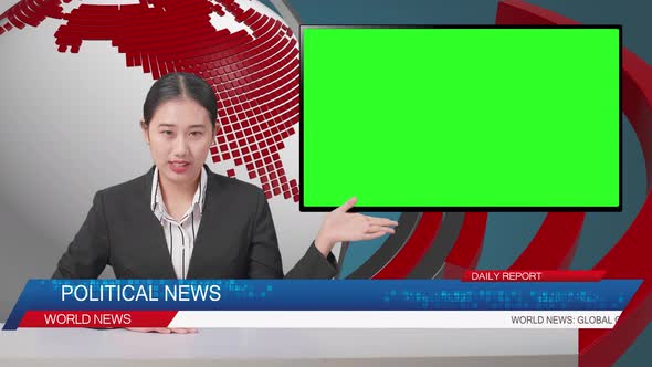 Live News Studio With Asian Female Anchor And Green Screen Television Pointing To Side