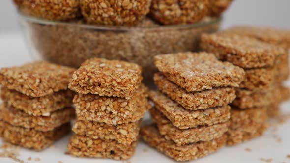 Close view of sesame seeds sticks, View of sweets made from sesame seeds