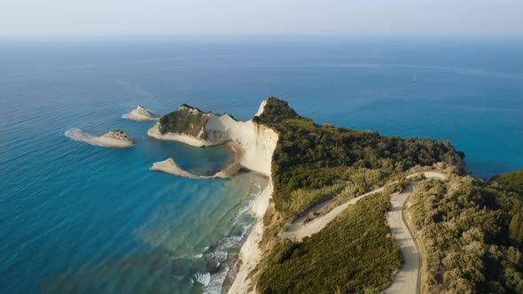 Drone Over Coastline Cliffs And Sea Of Cape Drastis