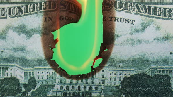 Burning American Hundred Dollar Banknote on Chroma Key Background