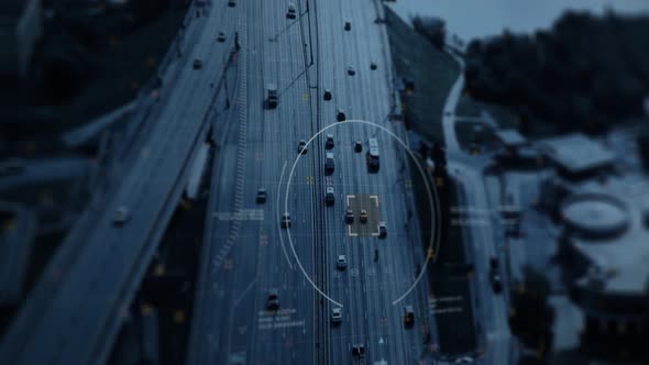 Modern Drone over the Highway. Detecting a Suspicious Vehicle. Target found. UI alt