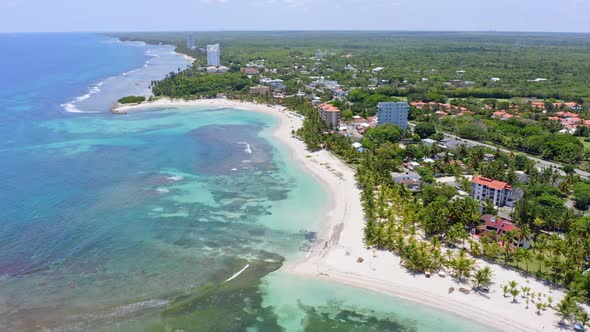Aerial birds eye shot of tropical bay with playa Juan Dolio on Dominican Republic - Colorful landsca