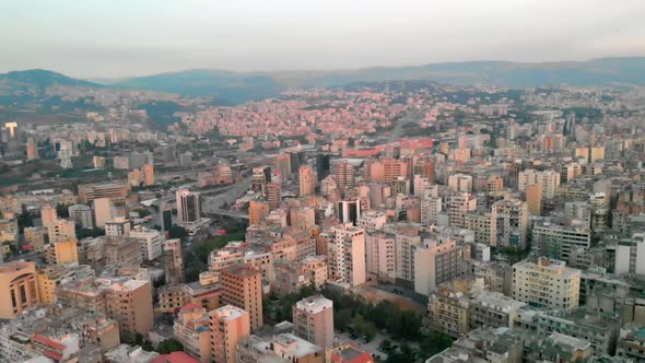 A drone shot of Beirut during sunset time