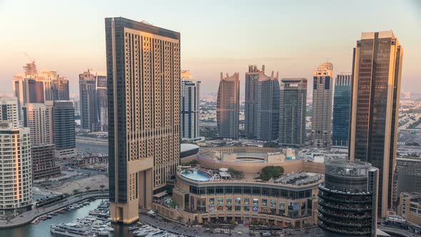 Sunset View of Dubai Marina Evening Aerial Timelapse UAE