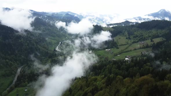 Ukraine, Carpathians: Fog in the Mountains. Aerial.