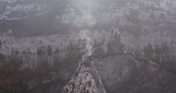 Closeup of the Crater of a Volcano From Which Smoke Comes