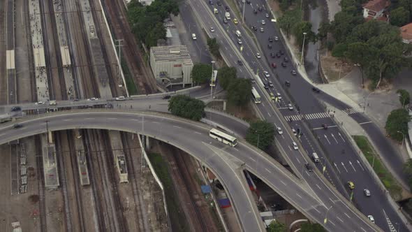 Aerial footage of train tracks and highway