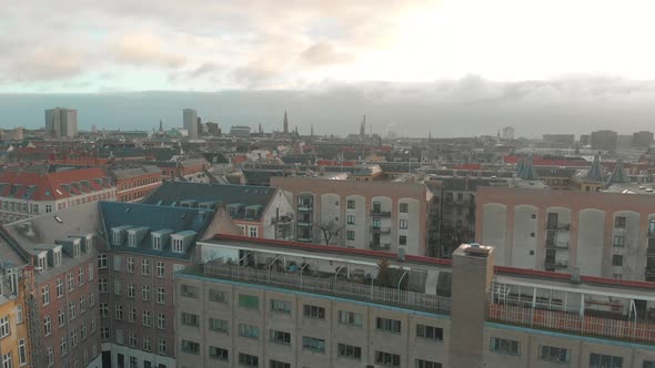 Drone shot flying over Copenhagen in the morning