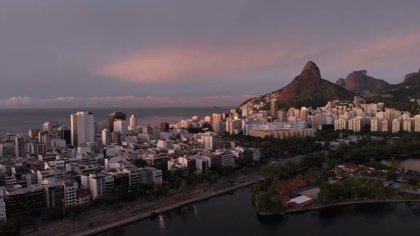 Aerial view of the city lake of Rio de Janeiro with the beach neighbourhoods of Ipanema and Leblon a